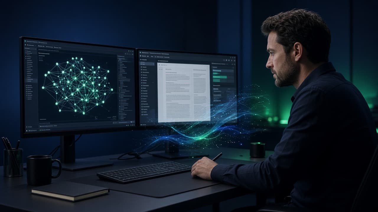 AI workstation with neural graphs and document intelligence on dual monitors