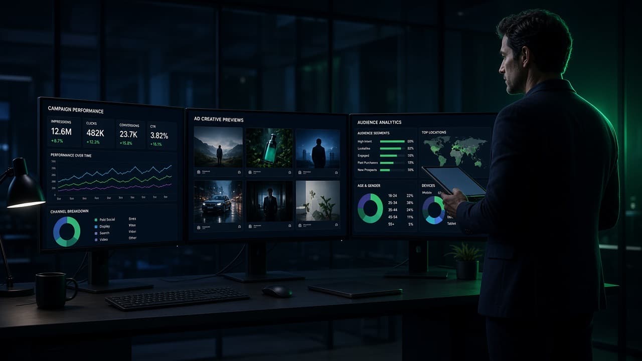 Campaign war-room with multiple screens of ads, creatives and analytics