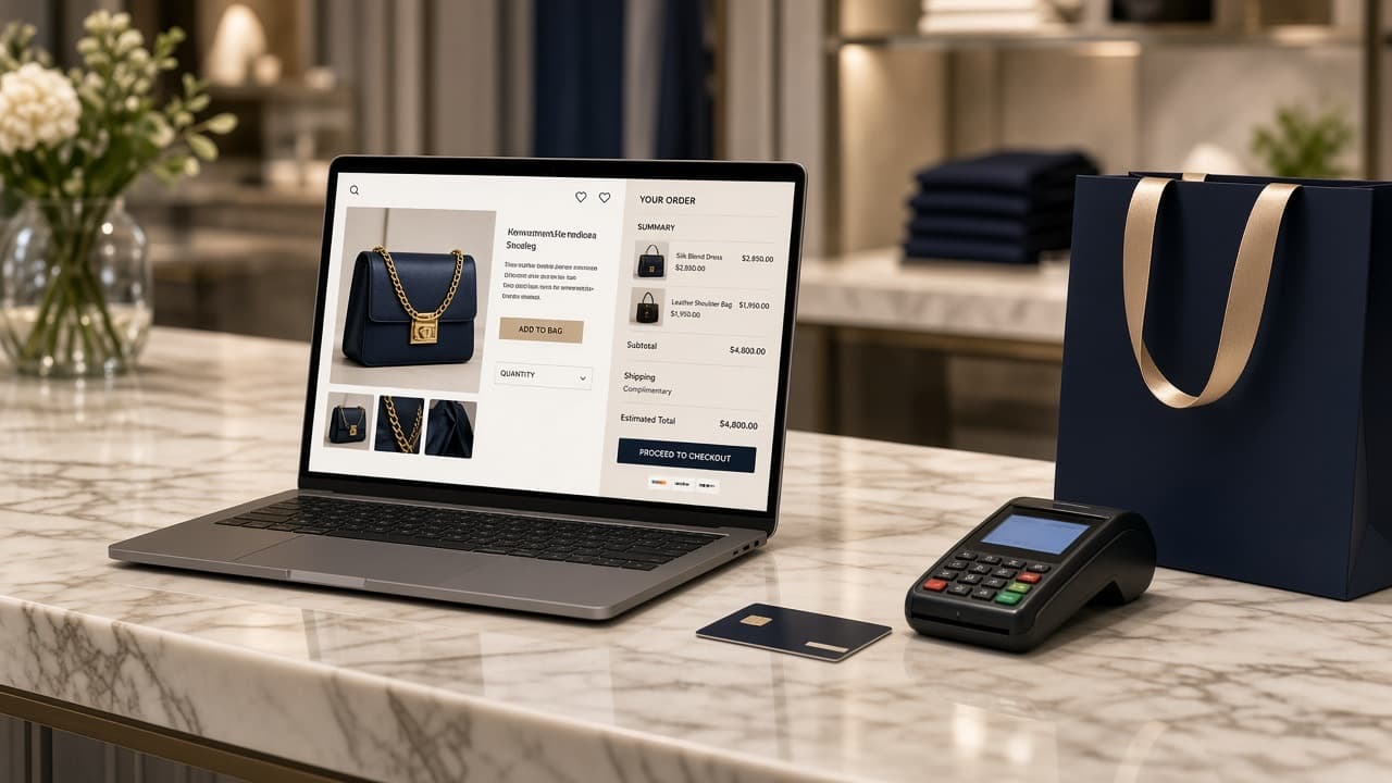 Luxury boutique checkout with an online store on a laptop beside a card terminal