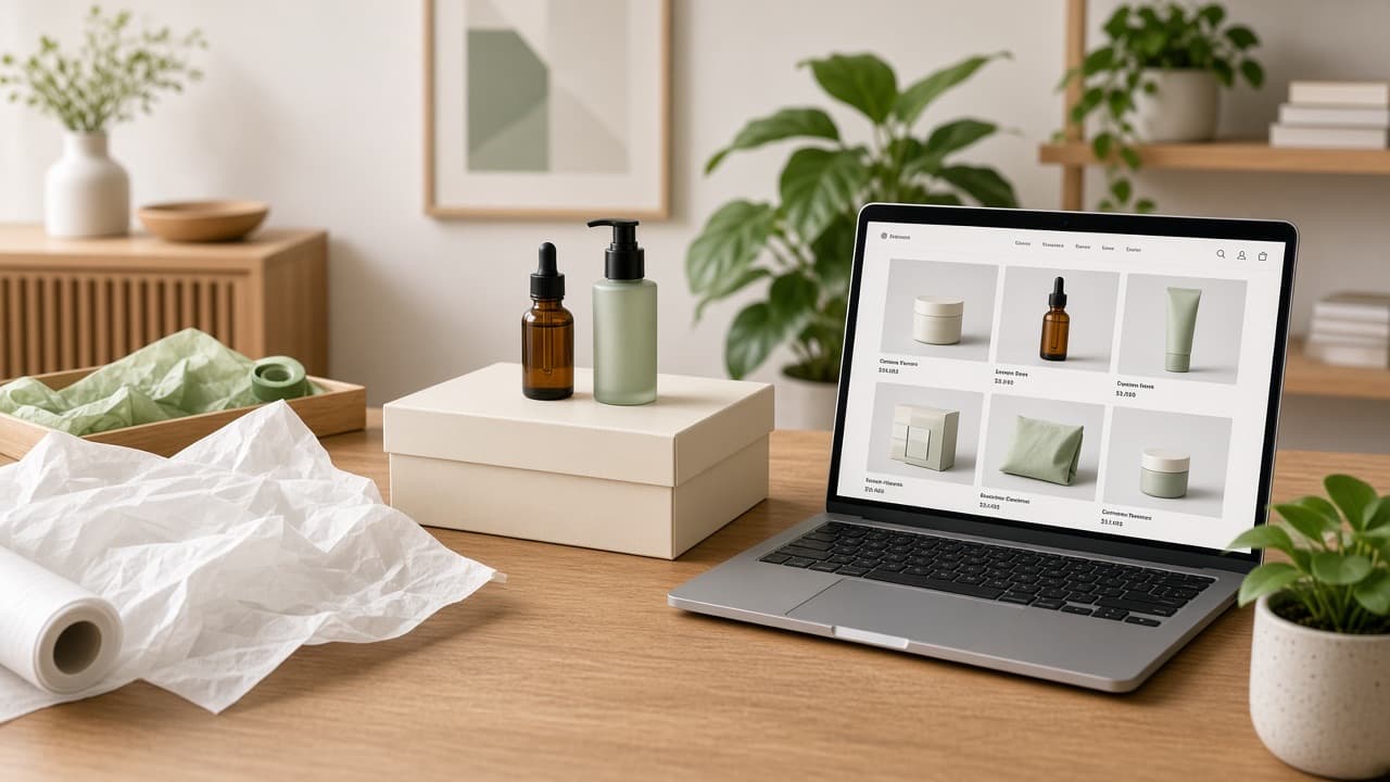 Direct-to-consumer packing studio with a product storefront open on a laptop