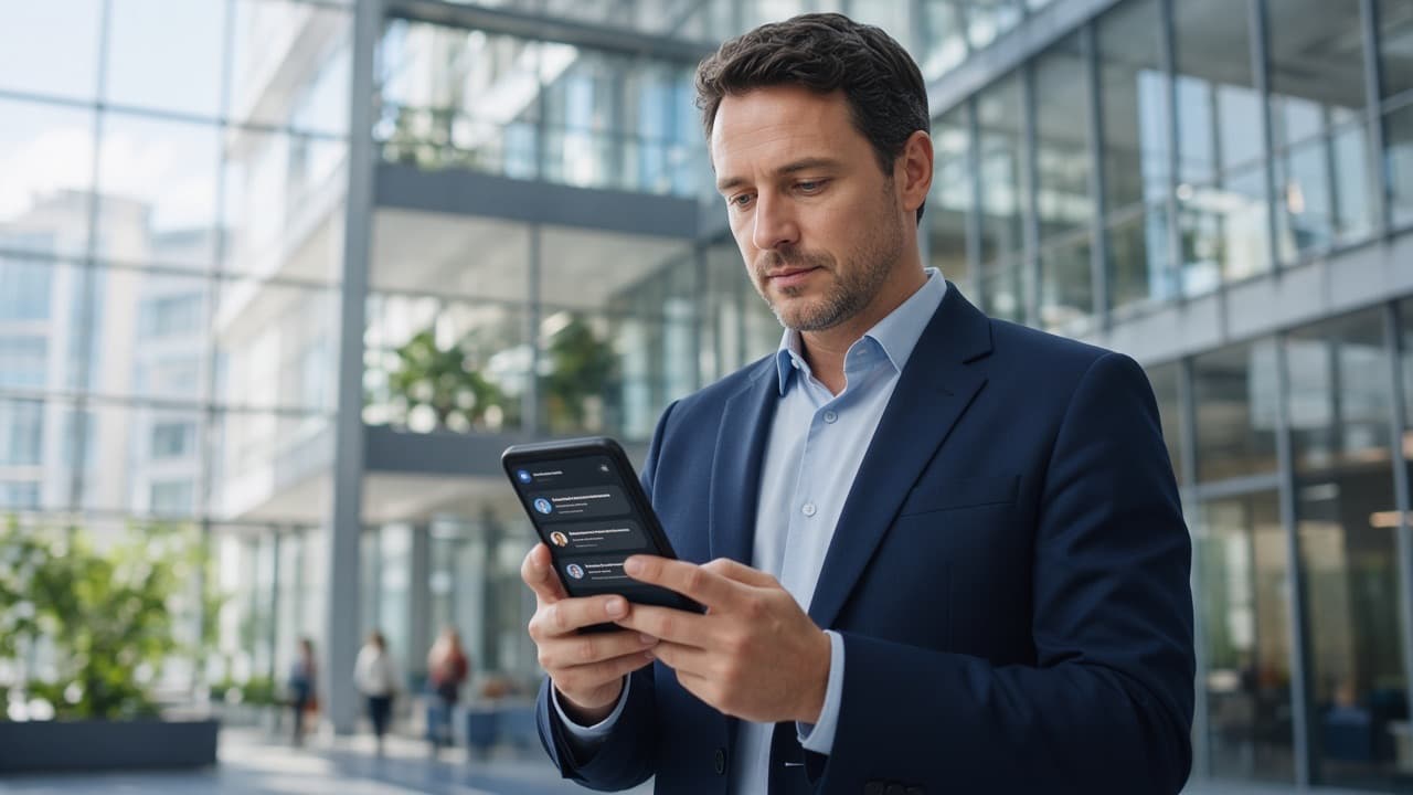 Professional using a business mobile app in a modern office lobby
