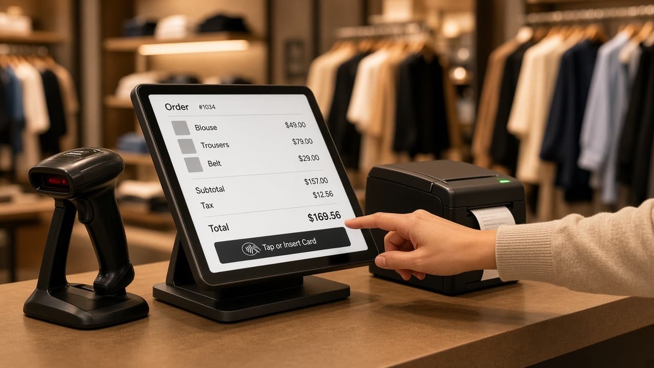 Retail counter with a touchscreen POS terminal, scanner and tap-to-pay