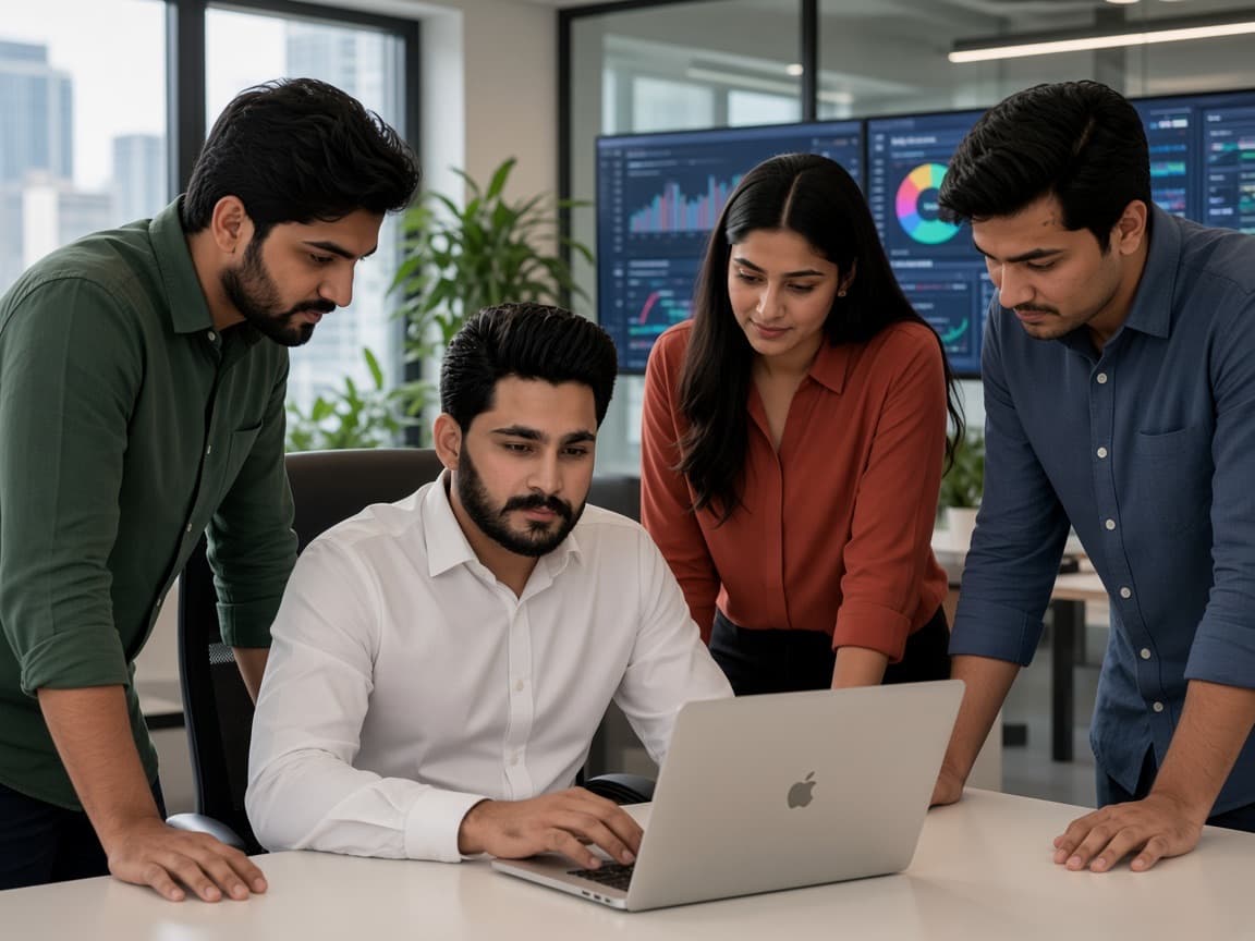 Awais Malick, Founder of WordbitX, with the WordbitX team reviewing product work