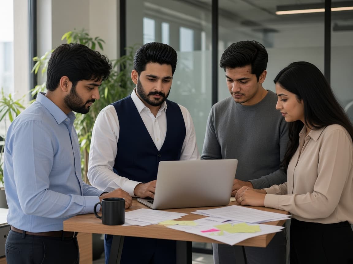 WordbitX CEO and team gathered around a laptop in the studio